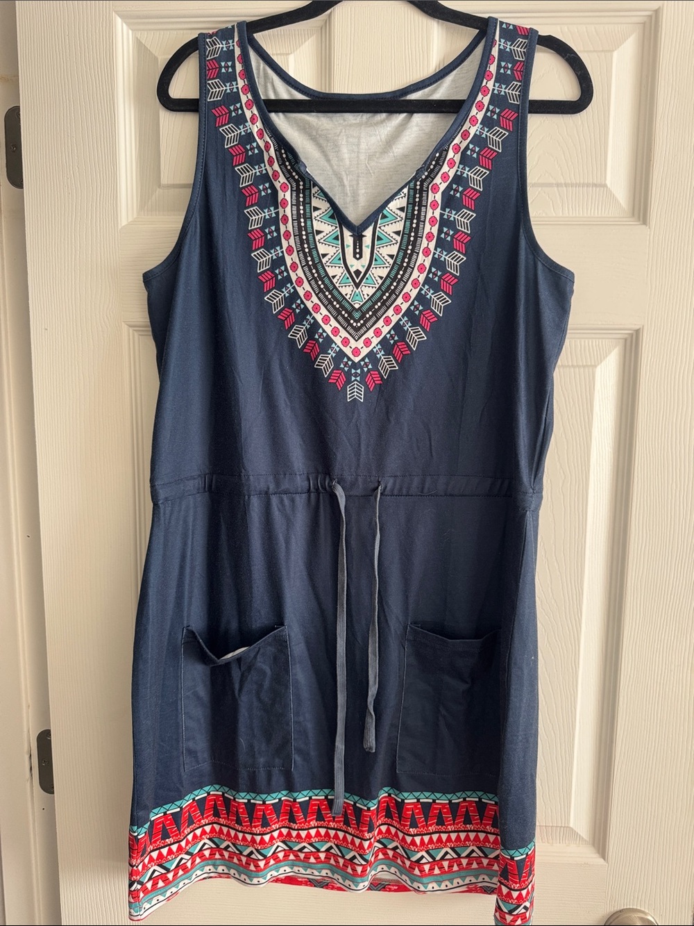 Boho Tribal Print Sleeveless Dress – Navy Drawstring Pocket Dress Women’s Large